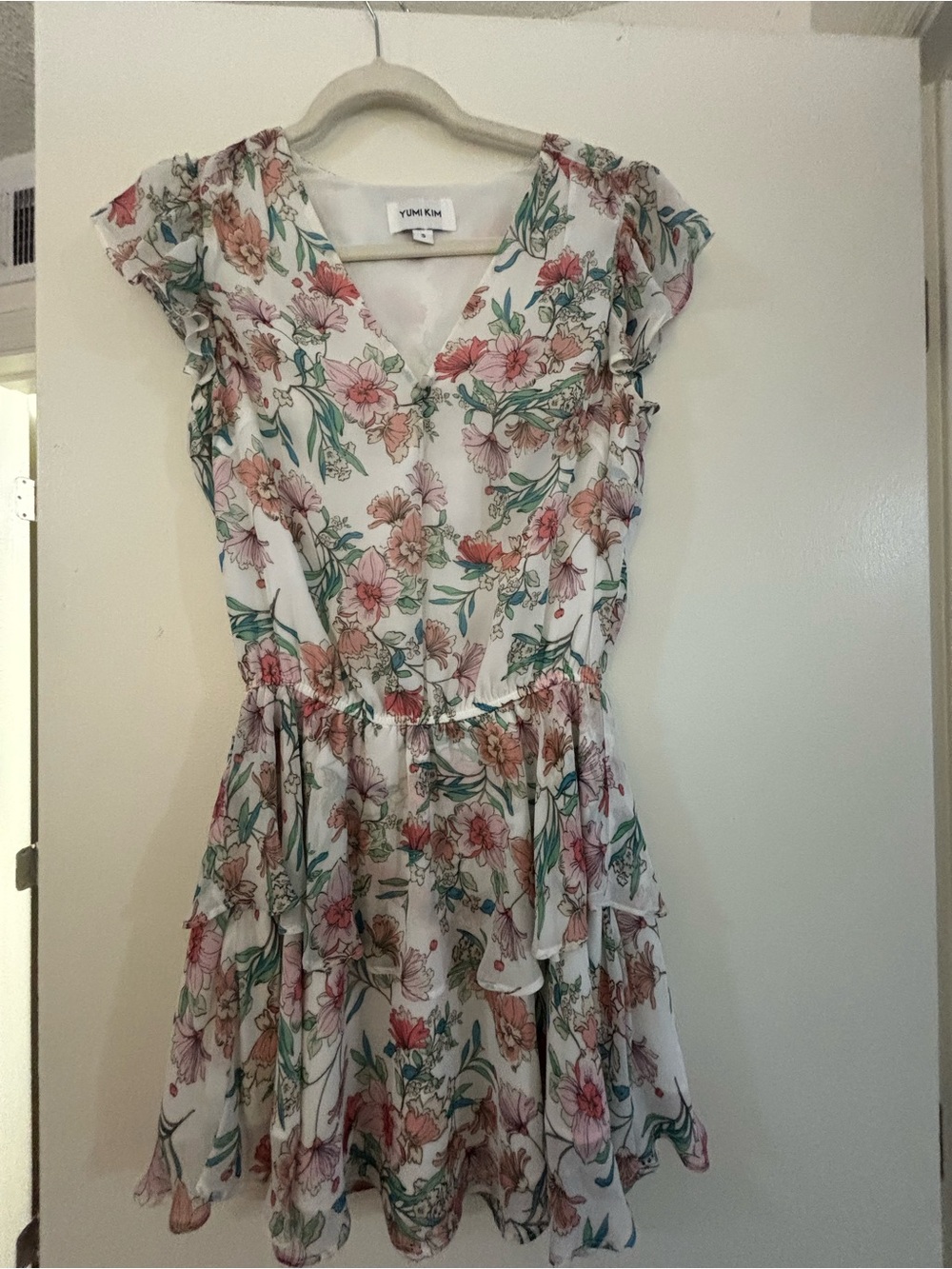 Yumi Kim White Floral Tiered V-Neck Dress with Pink & Green Print